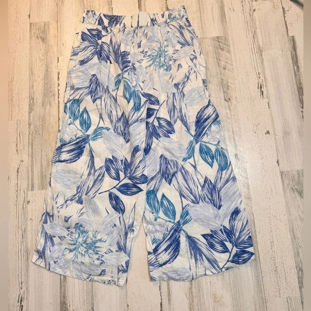 C&C California Cropped Wide Leg Linen Pants Blue Floral Tropical Large